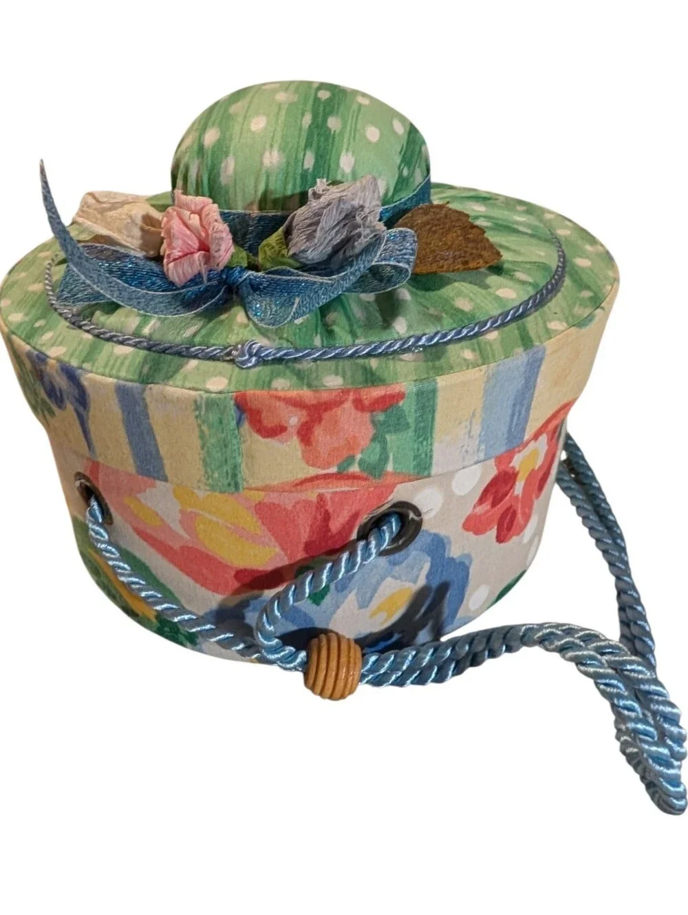 Vintage 1998 Prym-Dritz Floral Sewing Storage Box Round Pincushion Basket
